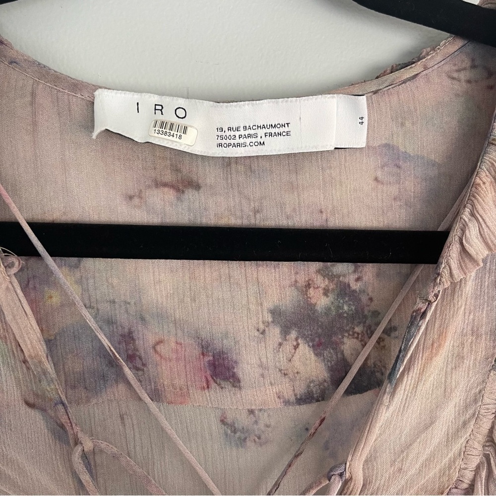 IRO Banon Floral Mini Blouson Dress Ruffles V-Neck Lace Up Size 44 - Picture 9 of 16